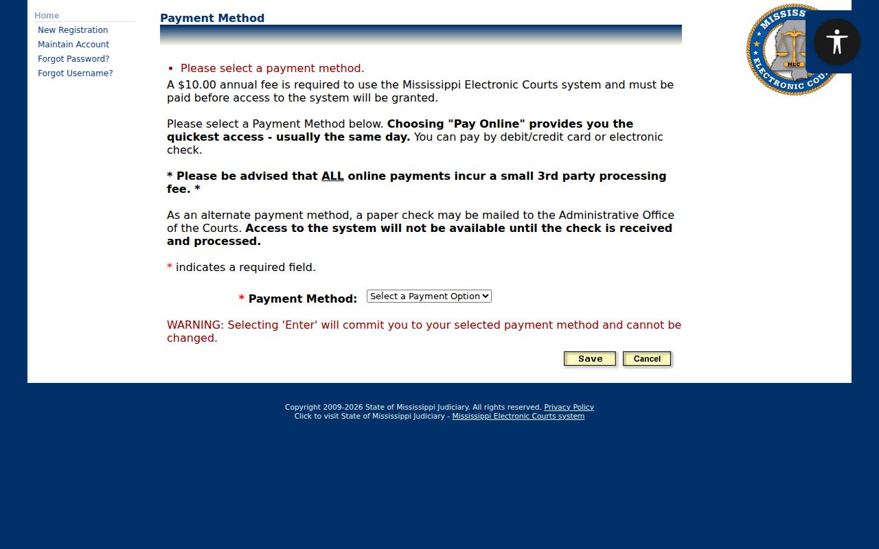 Prentiss County bench warrant electronic court access fees